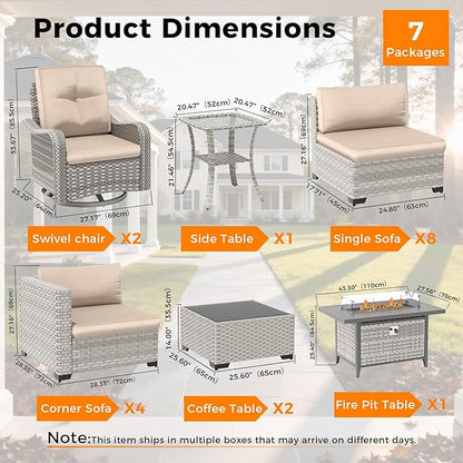 14-Seat Outdoor Wicker Patio Furniture Set with Fire Pit Table, Modular Rattan Sectional Sofa & 2 Swivel Rocking Chairs, 4" Thick Cushions, Rust-Resistant Frame,Beige