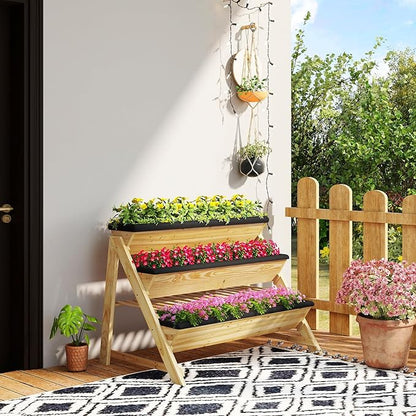 HAPPYGRILL 3-Tier Wooden Raised Garden Bed, Elevated Planter Box Kit with Legs & Liners for Flower Herb Vegetable, Indoor Outdoor Vertical Raised Bed for Gardening Patio Balcony Greenhouse