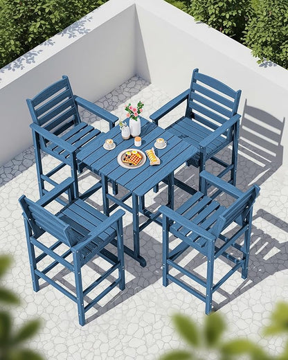 SERWALL 5-Piece Adirondack Bar Chair Set, HDPE Adirondack Barstools with Pub Table, Outdoor Patio Bar Furniture for Bistro, Balcony, Poolside, Garden - Blue