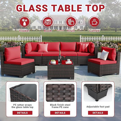 LEVELEVE 7 Pieces Outdoor Patio Furniture Sets,Rattan Conversation Sectional Set,Manual Weaving Wicker Patio Sofa with Tea Table