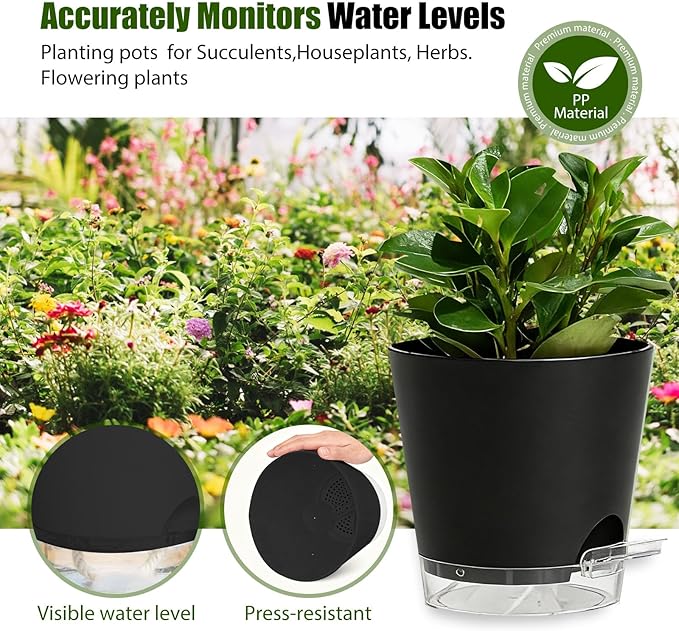 Plant Pots 4/5/5.5/6/6.5/7/8 Inch Self Watering Pots, 7 Pack Plastic Planters with Drainage Holes and Clear Saucers,Plastic Flower Pots,Nursery Planting Pot for Indoor Out Door Plants(Black)