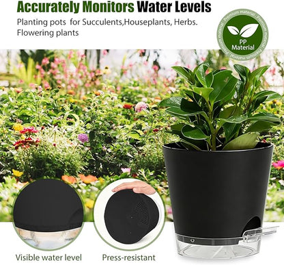 Plant Pots 8 Inch Self Watering Pots, 2 Pack Plastic Planters with Drainage Holes and Clear Saucers,Plastic Flower Pots for Indoor Out Door Plants (Black)