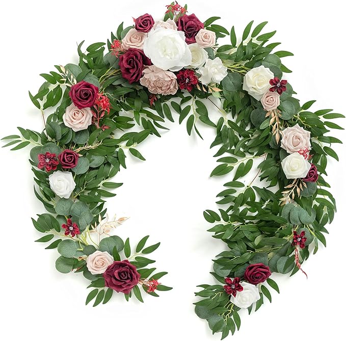 Artificial Floral Garland, 6 Ft Eucalyptus with Marsala and Blush Roses