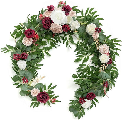 Artificial Floral Garland, 6 Ft Eucalyptus with Marsala and Blush Roses