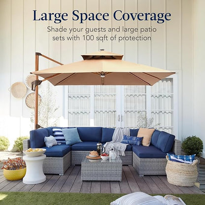 Best Choice Products 10ft Square Cantilever Patio Umbrella w/Base Included, Woodgrain Pattern Pole & Solar LED Lights, 360-Rotation, Offset Hanging Outdoor Shade - Tan