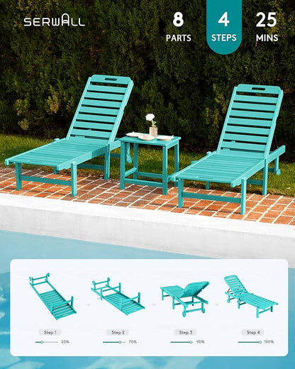 SERWALL Outdoor Chaise Lounge Set of 6, HDPE Pool Lounge Chair with 5-Position Adjustable Backrest, Patio Lounger with Rolling Wheels & Cup Holder for Pool, Aruba
