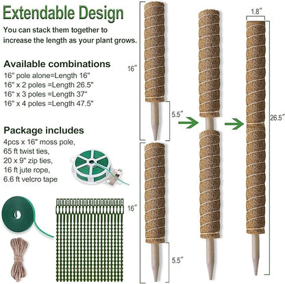 Moss Pole 47.5 Inch - Monstera Plant Support, 4 Packs 16 Inch Plant Stakes for Indoor Plants Coco Coir Moss Pole Sticks for Climbing Potted Live Plants, Pothos, Philodendron, with Garden Ties