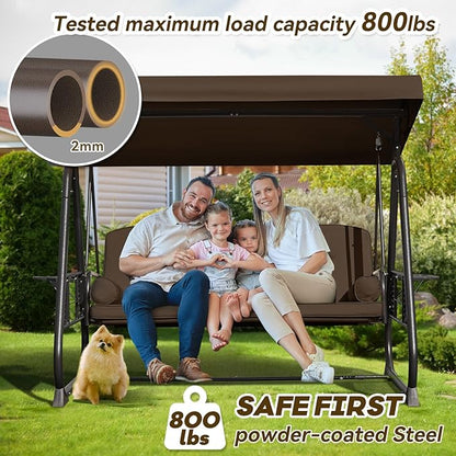 3 in 1 Outdoor Porch Swing with Adjustable Canopy, 3 Seat Outdoor Swing for Adults, Patio Swing Chair with Thickened Cushions,Pillows & Cup Holders for Backyard, Porch, Garden (Brown)