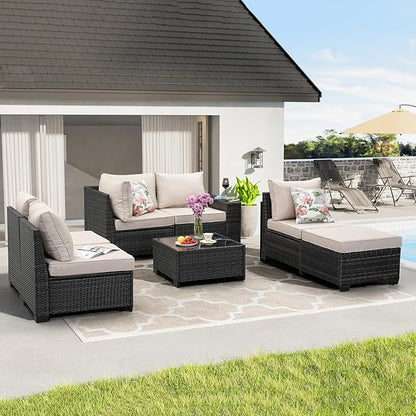 7 Pieces Patio Furniture Set All-Weather Outdoor Wicker Sectional Conversation Sofa Rattan Patio Seating Sofa with Cushion and Glass Table and Ottoman for Porch,Beige