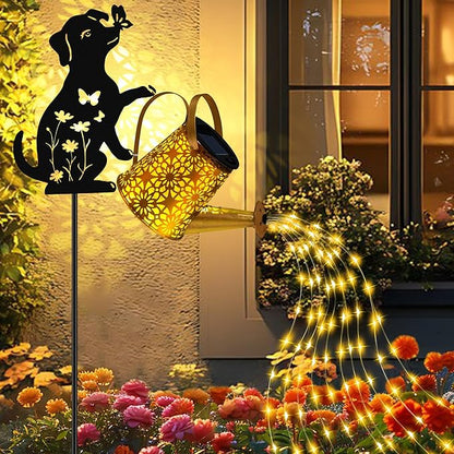 Solar Lights Outdoor Decorative, Watering Can with Cascading Lights, with Dog Silhouette Garden Stakes, Gifts for Mom Women, Waterproof Metal Garden Decor for Yard Art, Outside(1 Pack)