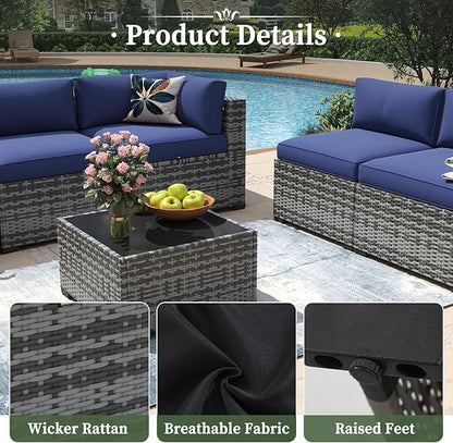 Aoxun 15 Piece Patio Furniture Set with 44” Fire Pit Table Wicker Rattan Outdoor Sectional Sofa Set with Coffee Table and Thickened Cushions, Grey/Blue (Waterproof Cover Included)