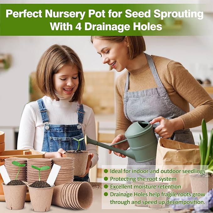 Peat Pots, 60 Pack Plant Starter Round Nursery Pot with Drainage Holes, Garden Germination Seedling Pots with 30 Plant Labels (3.15 Inch)