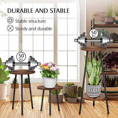2 Pack Indoor Plant Stand, Mid-Century Wooden Style Plant Holder, Indoor Outdoor Flower Stand,Small Round Table, Two Different Sizes(Black)