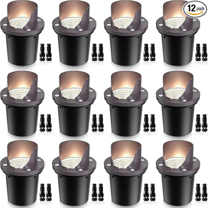 SUNVIE 12 Pack Low Voltage Landscape Lighting 12W LED Outdoor In-Ground Waterproof Shielded Well Lights Warm White Paver Lights with Wire Connectors for Pathway Garden Yard Fence Deck