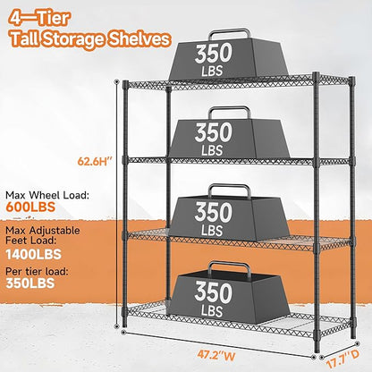 4 Tiers Storage Shelves Load 1400LBS, Metal Shelving Wire Metal Shelving Unit Shelves for Storage Adjustable Garage Shelving for Pantry Kitchen Garage Black 17.7" D x 47.3" W x 62.7" H