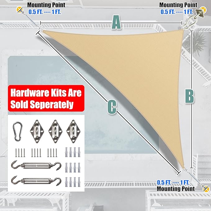 Amgo Custom Size 11' x 22' x 24.6' Beige Right Triangle Sun Shade Sail UPF50+ AGTAPRT12, Order to Make Canopy Awning, 95% UV Blockage, Water & Air Permeable, Commercial Standard (We Customize)