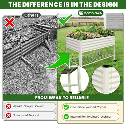 Elevated Raised Garden Bed 2' x 4' - Galvanized Planter Boxes with Legs, Wheels, and Storage Rack, Outdoor Planters for Backyard/Patio/Balcony with Drainage Holes for Vegetables, Flowers, Herbs, White