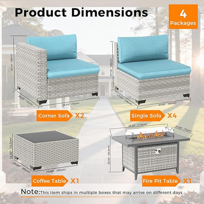 6-Seat Modern Outdoor Wicker Rattan Patio Furniture Set with 55,000 BTU Fire Pit Table, Thick 4″ Cushions, All-Weather Dual-Strand Rattan, Rust-Resistant Steel Frame,Blue