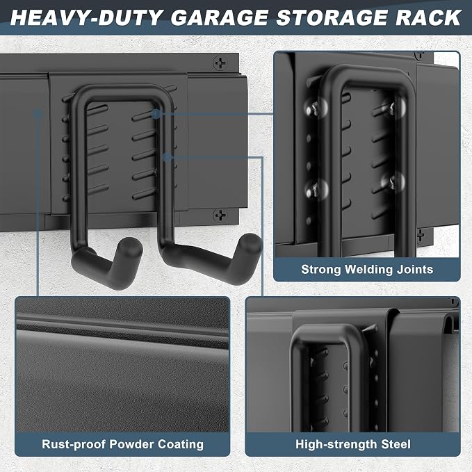 Storage Rack Wall Mount Garden Tool Organizer with 15 Hooks, Black Alloy Steel