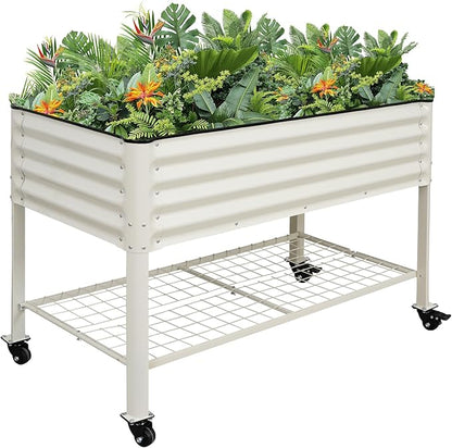 Elevated Raised Garden Bed 2' x 4' - Galvanized Planter Boxes with Legs, Wheels, and Storage Rack, Outdoor Planters for Backyard/Patio/Balcony with Drainage Holes for Vegetables, Flowers, Herbs, White