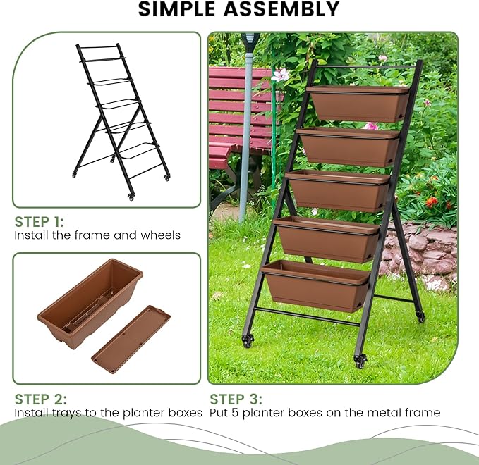 Giantex Vertical Raised Garden Bed on Wheels, 5-Tier Elevated Planter Boxes, Garden Beds with Drain Hole, Freestanding 5 Containers for Herb Vegetables Flowers Growing, Indoor Outdoor Patio Balcony