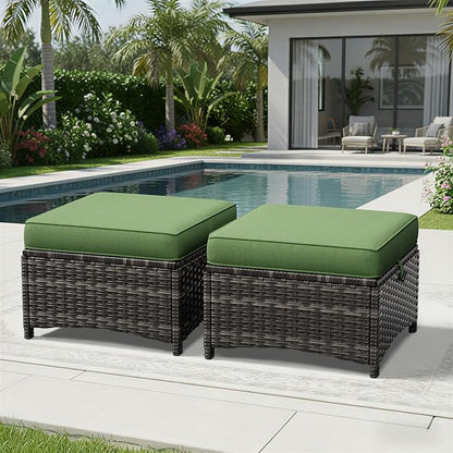 Joyside Outdoor Ottoman Set of 2, Patio Large Ottoman Foot Rest with Thickened Cushions, Outdoor Wicker Foot Stool for Porch, Deck Use