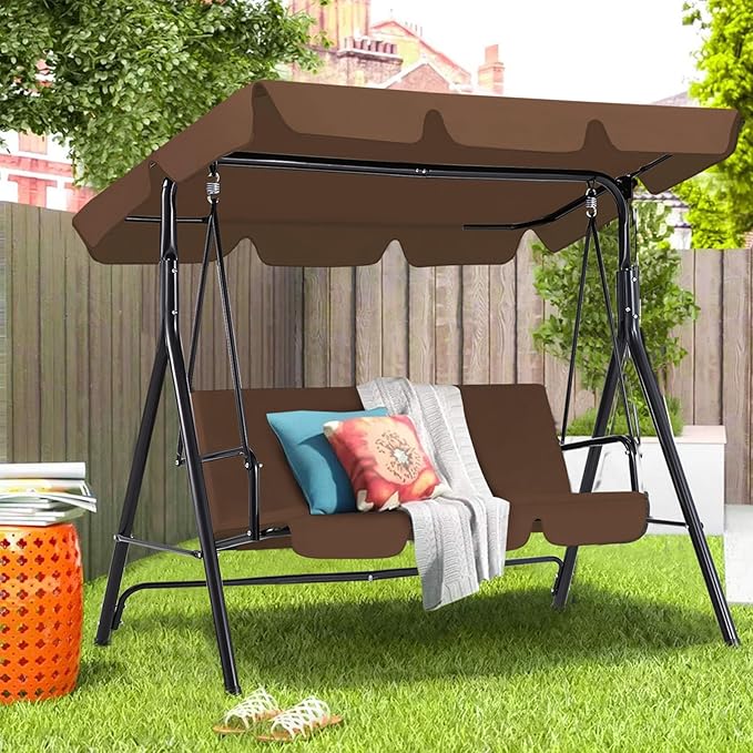 AECOJOY Porch Swing with Stand. 3-Seat Outdoor Clearance Porch Swings for Adults, Outdoor Patio Swing with Adjustable Canopy & Removable Cushion for Backyard, Garden, Yard, Poolside, Balcony (Brown)
