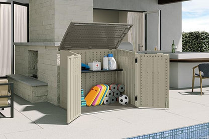 Suncast 34 Cu Ft Horizontal Resin Plastic Storage Shed - Outdoor Storage Shed with Floor Included, Lockable, Weatherproof, Fits Small to Medium Trash Cans, Generators, & Garden Tools, Vanilla Stoney