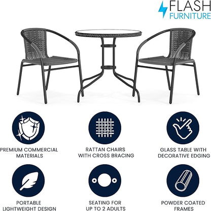 Flash Furniture 3-Piece Patio Dining Set with Round Glass Metal Table and 2 Stackable Rattan Chairs, Indoor/Outdoor Bistro Table and Chairs Set, Gray