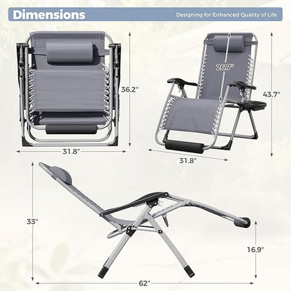 Homall Oversized Zero Gravity Chair, 32In Recliner Lounge Chair with Removable Soft Cushion and Cup Holder, Adjustable Anti Gravity Chair Folding Patio Chairs Padded for Indoor and Outdoor, Grey