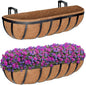 ZeeDix 24 Inch Railing Planter Box, 2 Pack Metal Window Boxes with Coco Liners for Railing, Hanging Flower Boxes for Deck Porch Balcony & Fence Outdoor Indoor Lawn