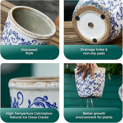 Vintage Ceramic Planter with Drainage Hole, Plastic Tray & Mesh, 5.5 Inch - Indoor/Outdoor Flower Pot, Blue Floral Rustic Farmhouse Design Plant pot for Home, Office & Garden Décor, Ideal Gift