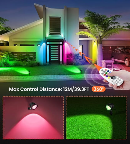 MEIKEE 15W RGB Color Changing Landscape Lighting 120V LED Landscape Lights with 4.9ft Cable IP66 Waterproof Outdoor Spot Lights for Garden Path Decoration (4 Pack)