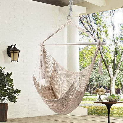Hammock Chair in Beige Cotton Rope, 500 lb Max, Indoor/Outdoor