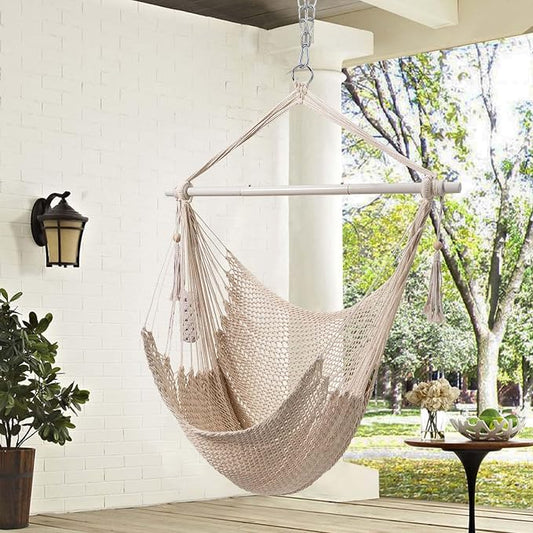 Hammock Chair in Beige Cotton Rope, 500 lb Max, Indoor/Outdoor