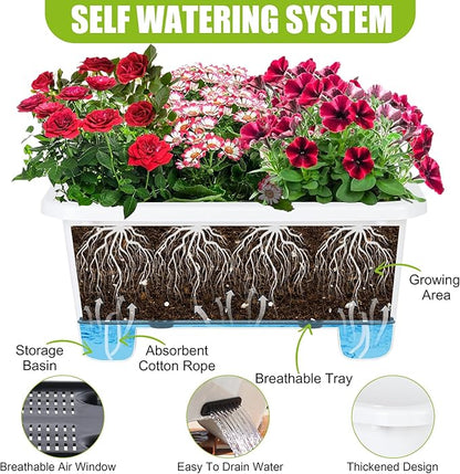 Self-Watering Rectangle Planter Boxes 8-Pack, 15.7-Inch Window Box Planter with Drainage Holes & Trays, Pots for Vegetables, Herbs, Flowers, Garden Windowsill Balcony (White)