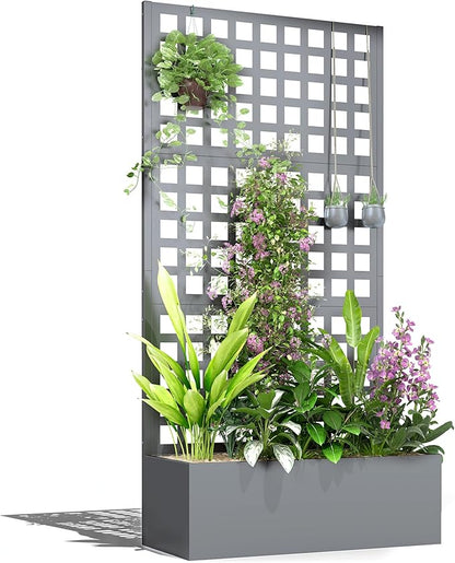 Outsunny Galvanized Raised Garden Bed with Trellis, Metal Planter Box with Drainage Holes, Outdoor Privacy Screen for Climbing Plants, Vegetable, Vines, 35" x 16" x 70", Gray Wood Effect