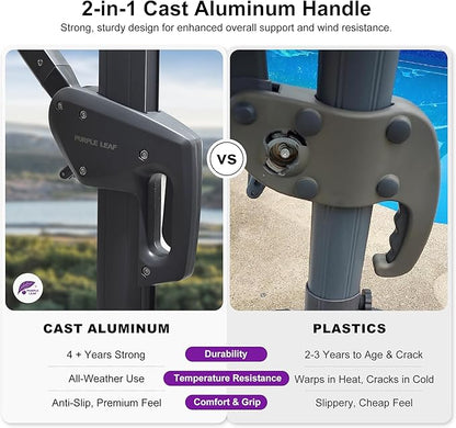 PURPLE LEAF 9' X 11.5' Rectangle Cantilever Umbrella with Base Outdoor Large Aluminum Patio Umbrella with 3-Year Fade Resistance Recycled Fabric and 360-degree Rotation for Deck Garden, Pebble Grey