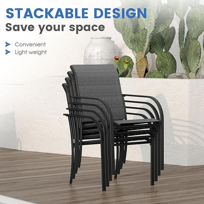 VICLLAX Large Patio Dining Furniture Set, Outdoor Dining Set for 10-60" Round Outdoor Table and Patio Stackable Chairs, Black Tabletop and Grey Fabric