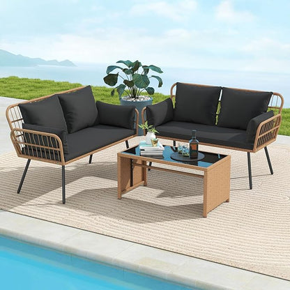 Tangkula Patio Wicker Loveseat, Outdoor Rattan 2-Seat Cushioned Sofa with Heavy Duty Metal Frame, for Backyard,Porch,Poolside (Black)