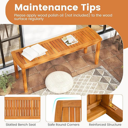 Tangkula 3 Piece Acacia Wood Patio Dining Table Set, 63" Large Patio Table & 2 Backless Benches w/Umbrella Hole, Farmhouse Indoor Outdoor Diner Furniture for Garden Poolside Deck Kitchen