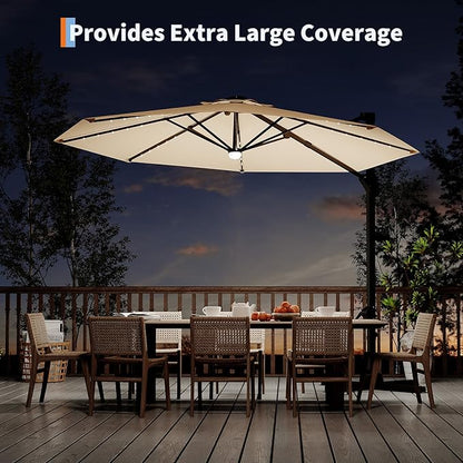 Garvee 10 ft Cantilever Patio Umbrella with Solar Lights, 360°Rotation Offset Umbrella, Easy Crank & Tilt Adjustment, UV Protection for Backyard, Poolside, Deck