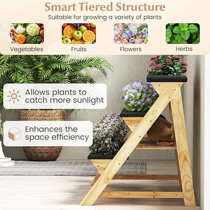 Giantex 3-Tier Vertical Raised Garden Bed, Wood Elevated Planter Box with Legs, Storage Shelf, Liners for Growing Vegetables Herbs Flowers, Indoor Outdoor Freestanding Raised Bed for Patio (Natural)