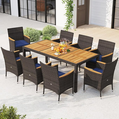 Tangkula 9 Pieces Rattan Outdoor Dining Set for 8, Outdoor Acacia Wood Table Set with 8 Cushioned Wicker Chairs, Umbrella Hole, Patio Dining Furniture Set for Deck Pool Backyard
