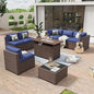 Aoxun 8-Piece Outdoor Patio Furniture Set - 44” Fire Pit Table, Durable Wicker Rattan Sectional Sofa with Coffee Table, Comfy Thickened Cushions, Blue (Waterproof Cover Included)