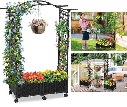 Planter Box with Trellis Outdoor, 57in Plastic Raised Garden Bed with Trellis Hanging Roof for Vine Flower, with Lockable Wheels & Drain Plug for Patio Backyard Balcony, Black, 1 Pc
