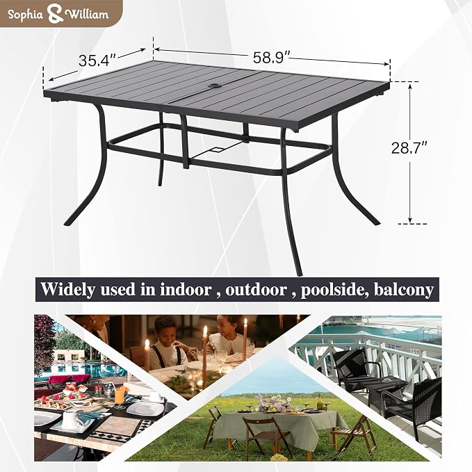 Dining Table, 6-Person Rectangular Black Steel Patio Table with Umbrella Hole