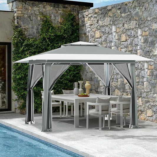 ECOTOUGE 13x13 FT Pop Up Canopy Tent with Mosquito Nettings, Patio Party Instant Shelte Gazebo w/Carrying Roller Bag Waterproof and UV Resistant for Outdoor Garden, Grill and Backyard, Grey-White