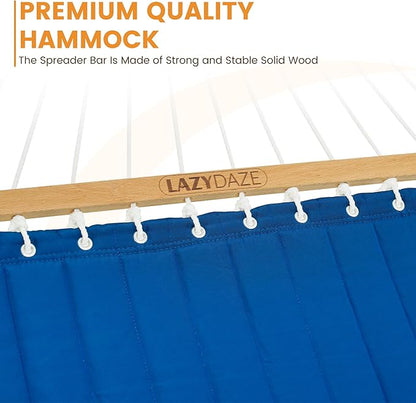 Lazy Daze 12 FT Double Quilted Fabric Hammock with Spreader Bars and Detachable Pillow, 2 Person Hammock for Outdoor Patio Backyard Poolside, 450 LBS Weight Capacity, Dark Blue/Natural