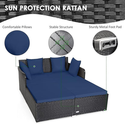 RELAX4LIFE Rattan Patio Outdoor Daybed, Wicker 2-Person Sunbed Loveseat with Soft Cushions, 4 Pillows, Curved Backrest & Armrest, Double Bed Lounger Sofa Set for Balcony Porch, Patio Bed (Navy)